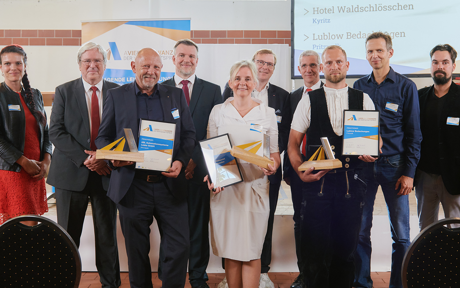 Das Foto zeigt die drei Gewinner nach der Preisverleihung des AVIERUNDZWANZIG Wirtschaftspreises 2022 mit ihren Preis und Urkunden. Im Hintergrund stehen Verteter der weiteren Nominierten und Verantwortlichen.